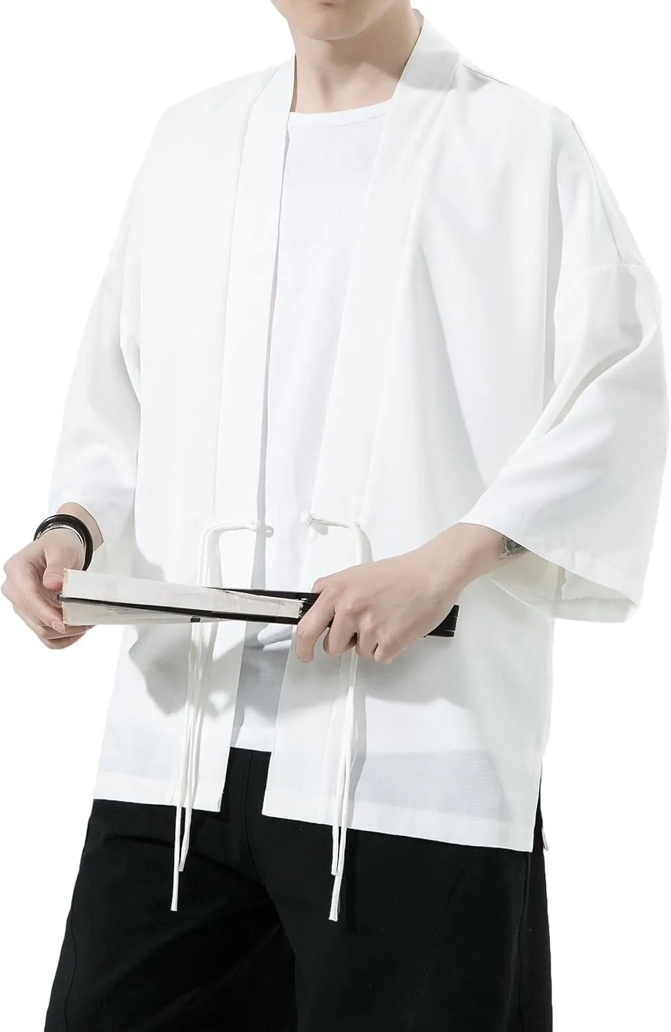 PRIJOUHE Men's Kimono Jackets Cardigan Casual Cotton Blends Linen Seven Sleeve Open Front Embroidery Coat