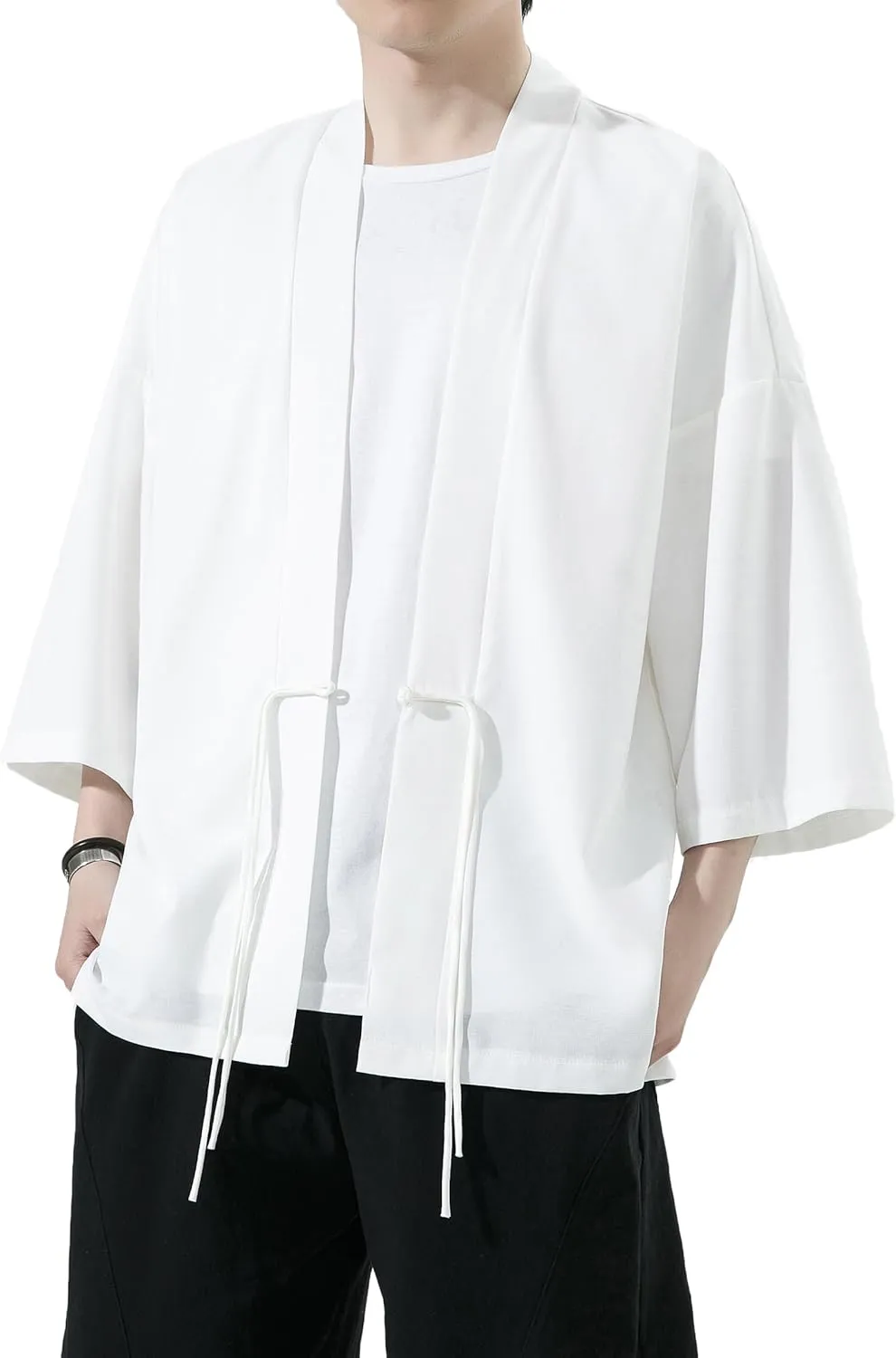 PRIJOUHE Men's Kimono Jackets Cardigan Casual Cotton Blends Linen Seven Sleeve Open Front Embroidery Coat