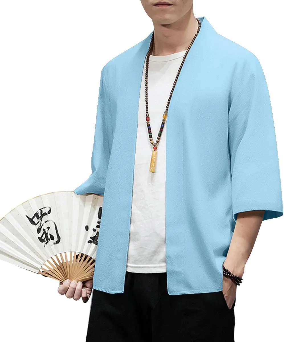 PRIJOUHE Men's Kimono Jackets Cardigan Lightweight Casual Cotton Blends Linen Seven Sleeves Open Front Coat Outwear