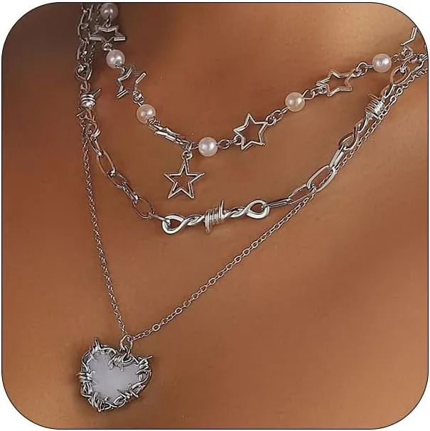 Punk Layered Silver Enamel Heart Hollow Star Pendant Necklaces for Women, Y2k Small Pearl Snake Chain Choker Silver Love Hearted Stars Necklace Jewelry Gift