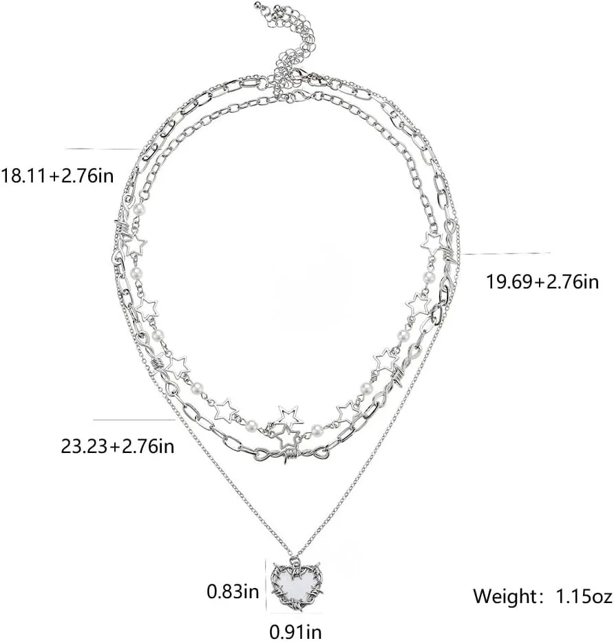 Punk Layered Silver Enamel Heart Hollow Star Pendant Necklaces for Women, Y2k Small Pearl Snake Chain Choker Silver Love Hearted Stars Necklace Jewelry Gift