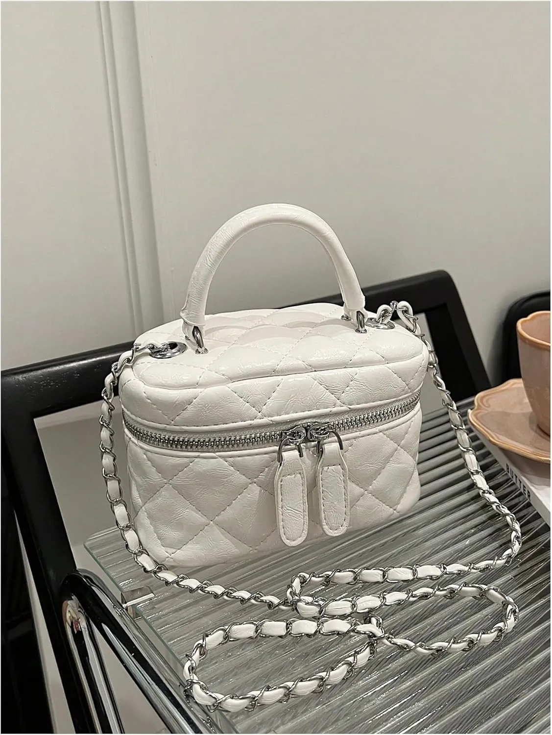 QWINEE Women's Silver Top Handle Crossbody Bag Small Crocodile Embossed Satchel Bag Mini Bucket Handbag
