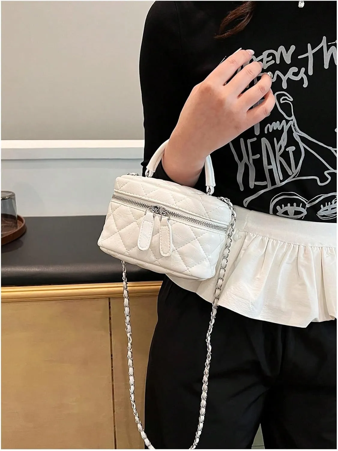 QWINEE Women's Silver Top Handle Crossbody Bag Small Crocodile Embossed Satchel Bag Mini Bucket Handbag