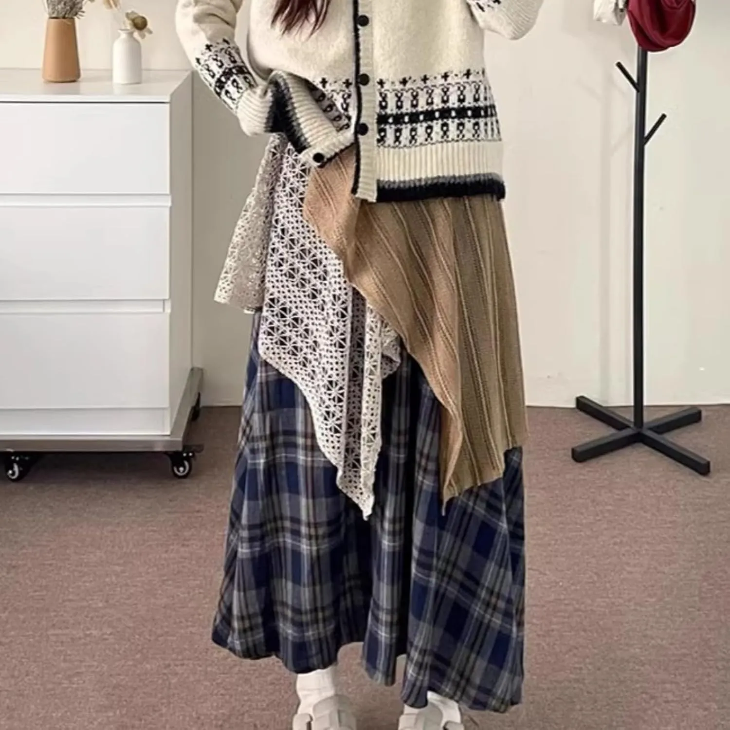 Renaissance Maxi Skirts for Women Plaid A-Line Asymmetrical Skirt High Rise Elastic with Lace Patchwork Retro Y2k