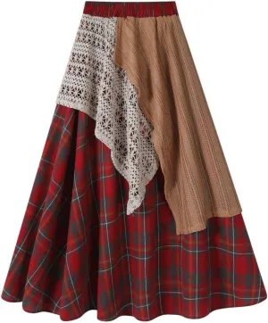 Renaissance Maxi Skirts for Women Plaid A-Line Asymmetrical Skirt High Rise Elastic with Lace Patchwork Retro Y2k