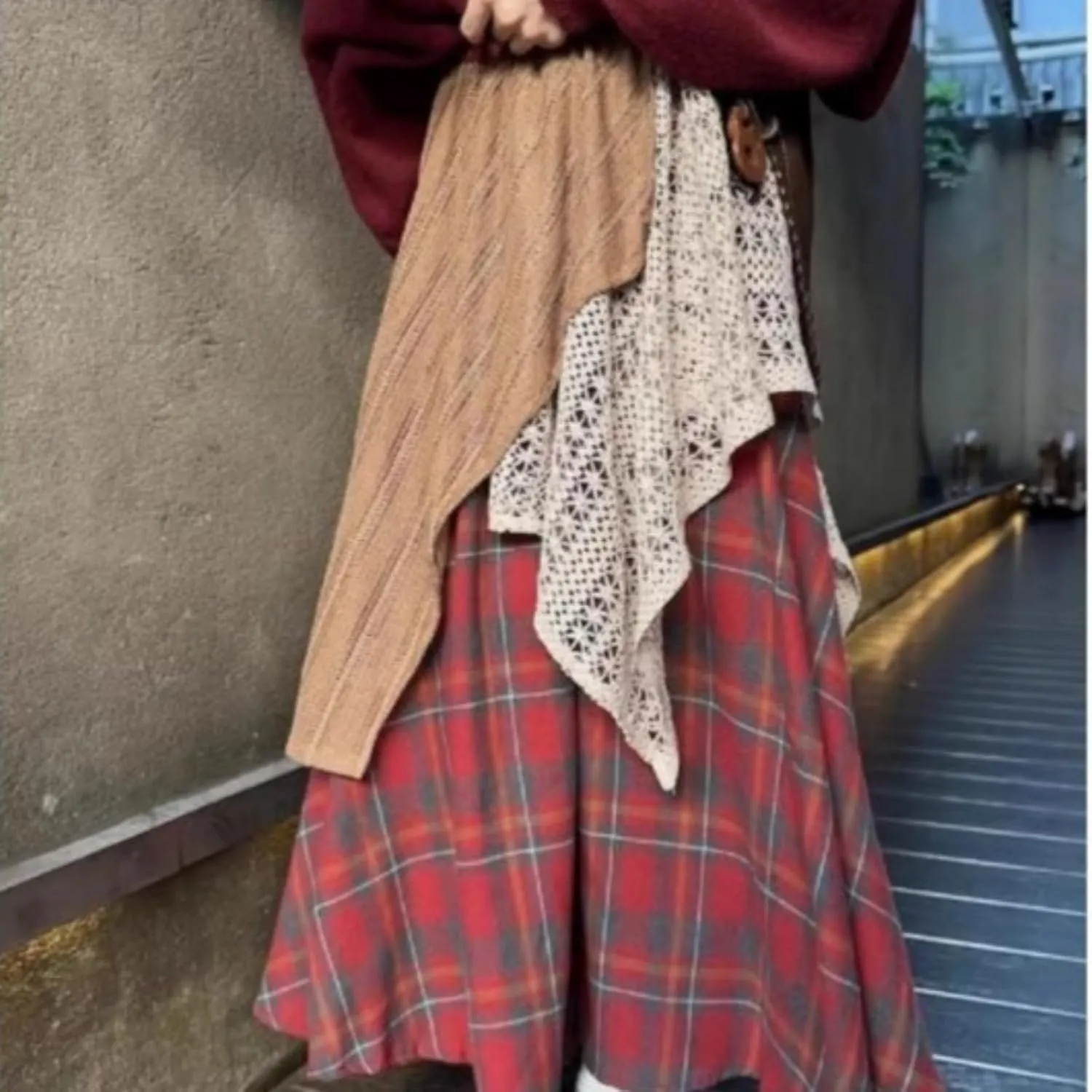 Renaissance Maxi Skirts for Women Plaid A-Line Asymmetrical Skirt High Rise Elastic with Lace Patchwork Retro Y2k