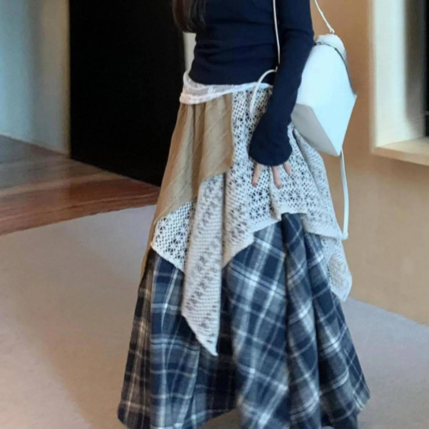 Renaissance Maxi Skirts for Women Plaid A-Line Asymmetrical Skirt High Rise Elastic with Lace Patchwork Retro Y2k
