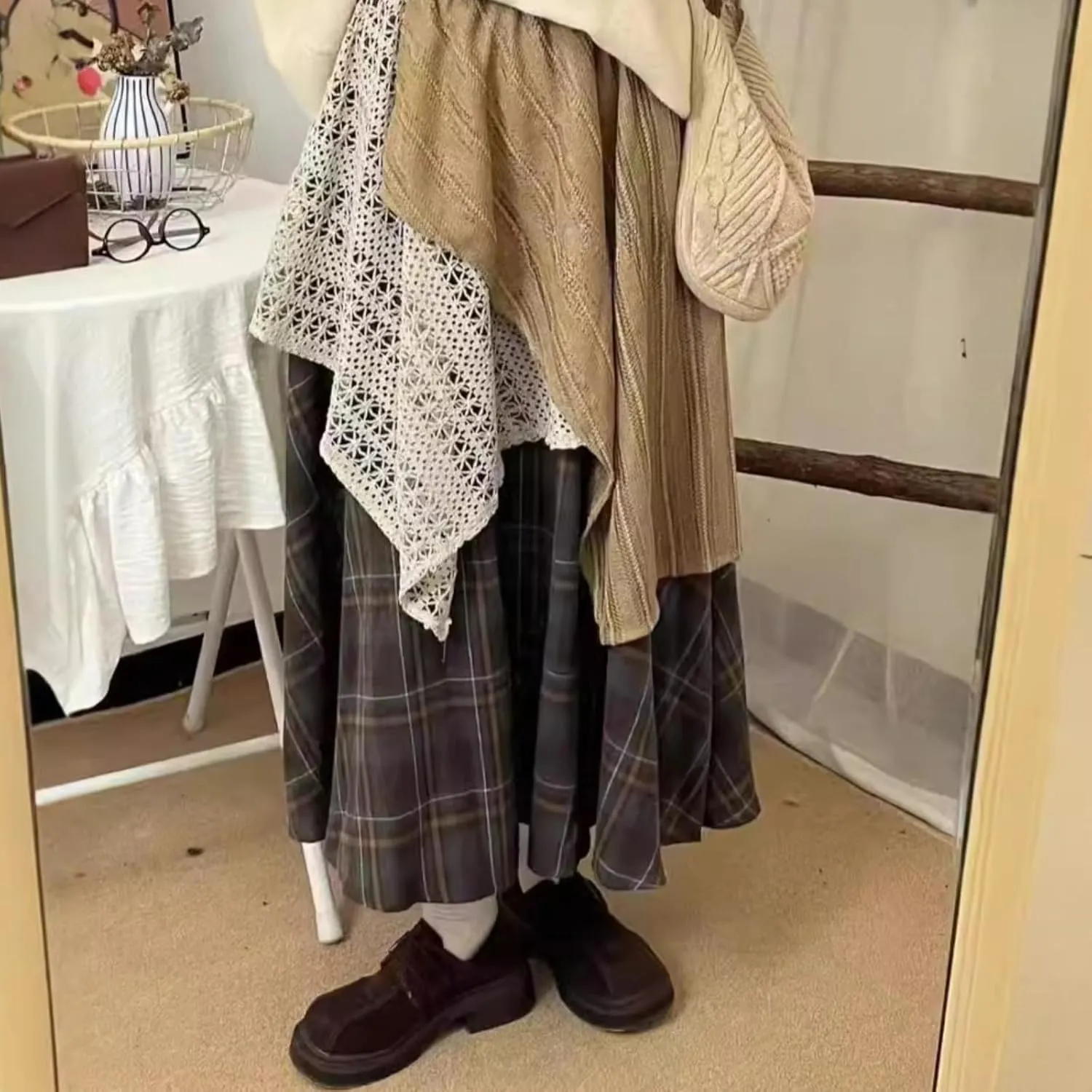 Renaissance Maxi Skirts for Women Plaid A-Line Asymmetrical Skirt High Rise Elastic with Lace Patchwork Retro Y2k