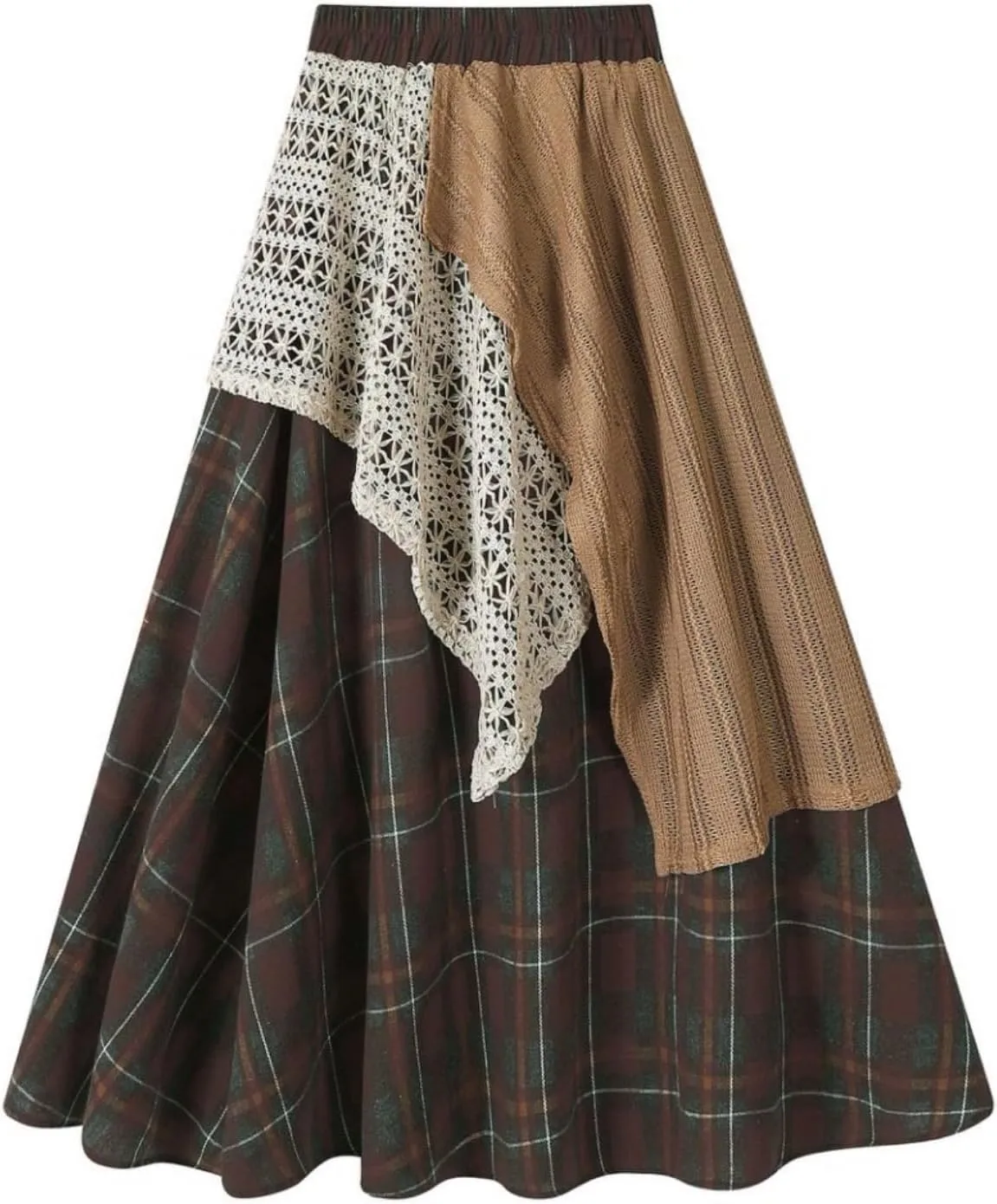 Renaissance Maxi Skirts for Women Plaid A-Line Asymmetrical Skirt High Rise Elastic with Lace Patchwork Retro Y2k