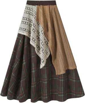 Renaissance Maxi Skirts for Women Plaid A-Line Asymmetrical Skirt High Rise Elastic with Lace Patchwork Retro Y2k