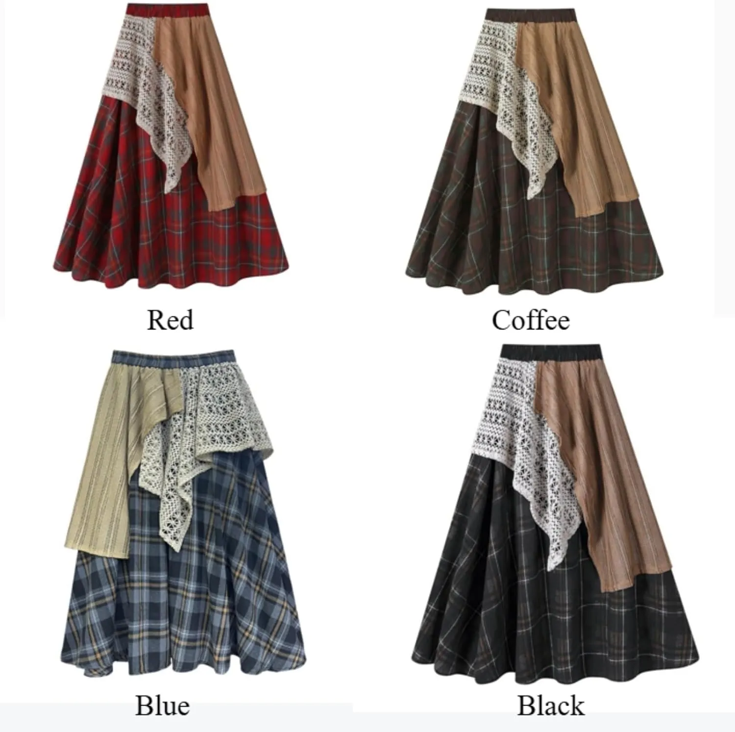 Renaissance Maxi Skirts for Women Plaid A-Line Asymmetrical Skirt High Rise Elastic with Lace Patchwork Retro Y2k