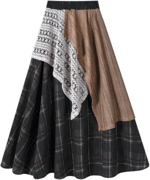 Renaissance Maxi Skirts for Women Plaid A-Line Asymmetrical Skirt High Rise Elastic with Lace Patchwork Retro Y2k
