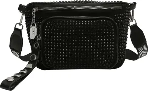 Rhinestone Bags Fashion Sling Waist Pack PU Leather Women Hip Bum Bag Rhinestone Diamond Crossbody Handbag Zipper Wide Strap Saddle Purse Women's Evening Bags(Black)