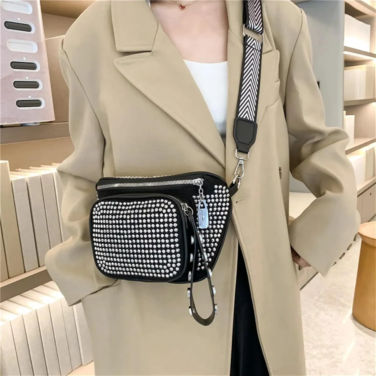 Rhinestone Bags Fashion Sling Waist Pack PU Leather Women Hip Bum Bag Rhinestone Diamond Crossbody Handbag Zipper Wide Strap Saddle Purse Women's Evening Bags(Black)