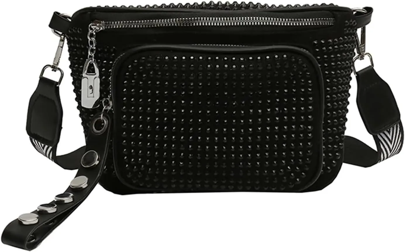 Rhinestone Bags Fashion Sling Waist Pack PU Leather Women Hip Bum Bag Rhinestone Diamond Crossbody Handbag Zipper Wide Strap Saddle Purse Women's Evening Bags(Black)