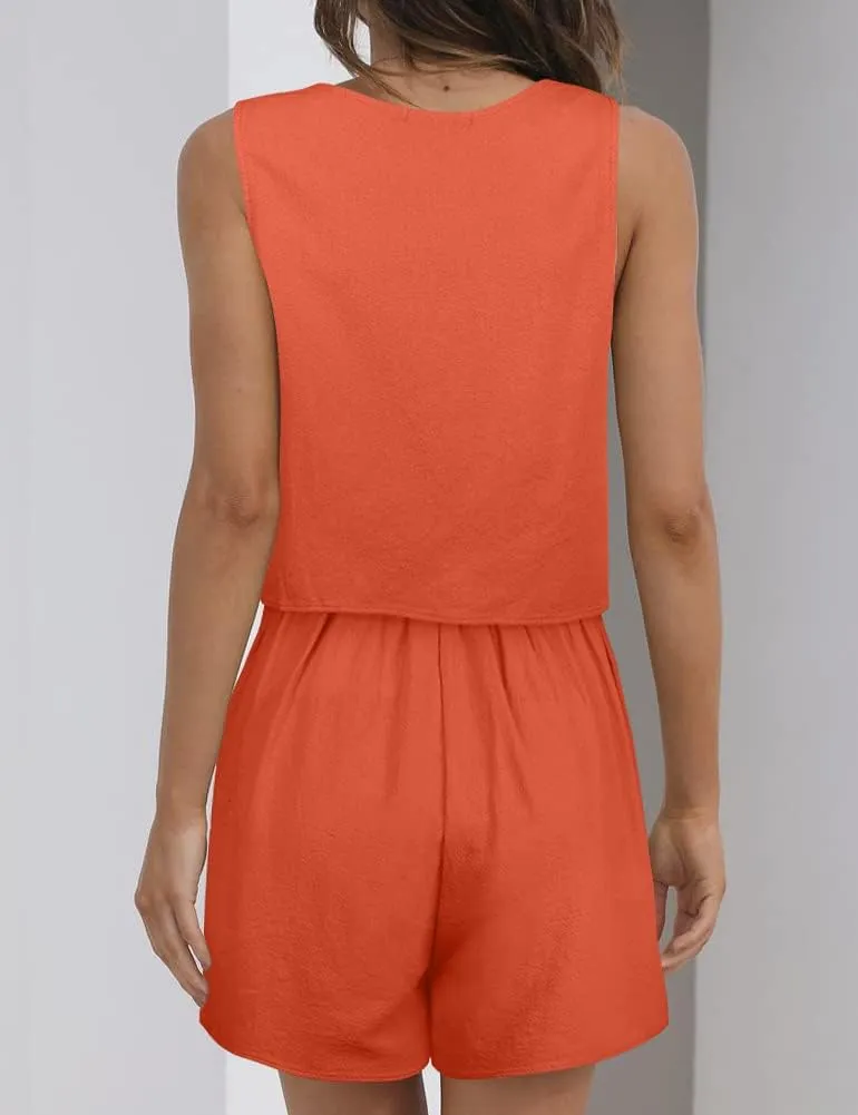 ROYLAMP 2024 Women's Summer 2 Piece Outfits Sleeveless Square Neck Crop Tops High Waisted Shorts Set Romper with Pockets