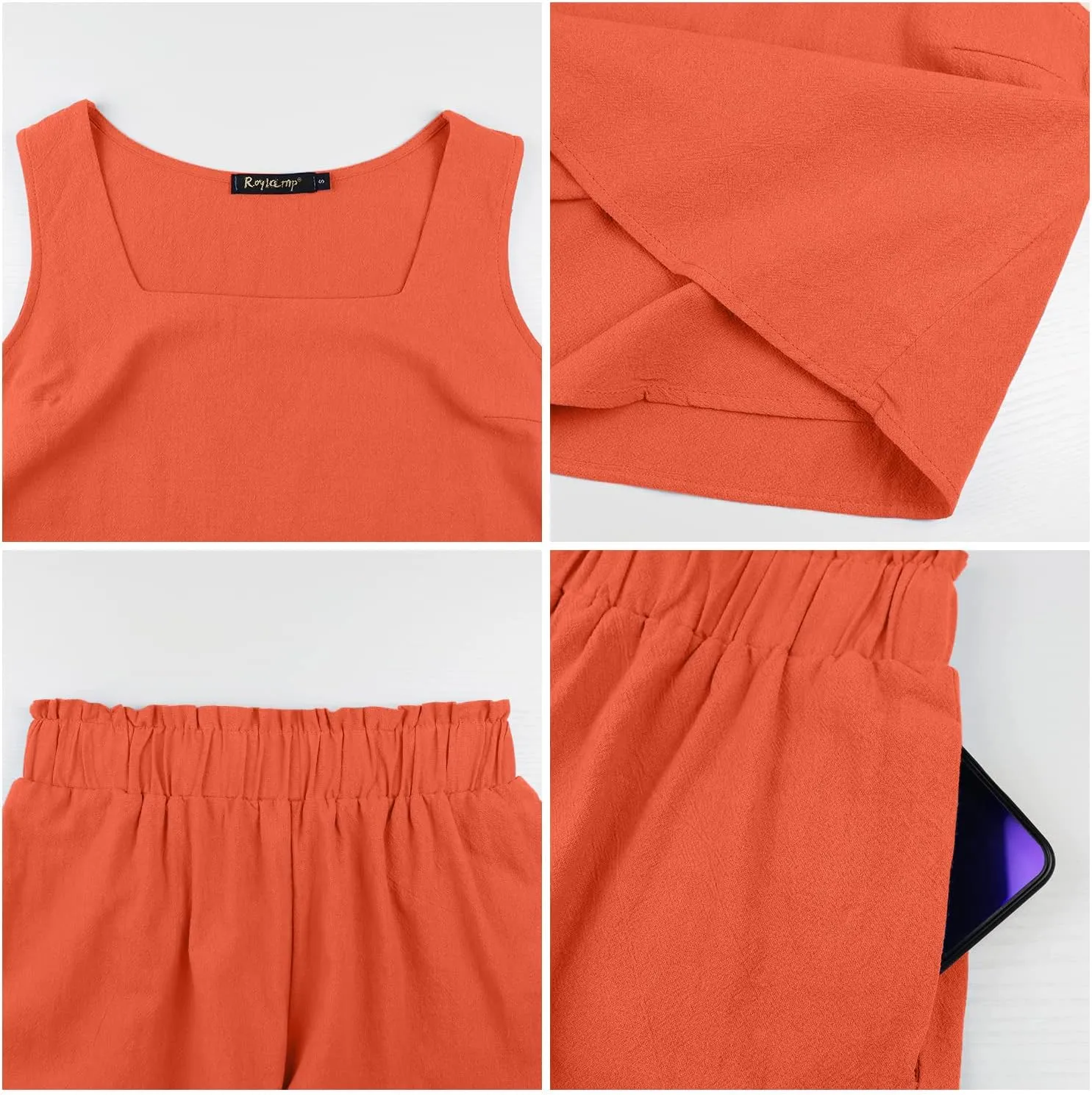 ROYLAMP 2024 Women's Summer 2 Piece Outfits Sleeveless Square Neck Crop Tops High Waisted Shorts Set Romper with Pockets