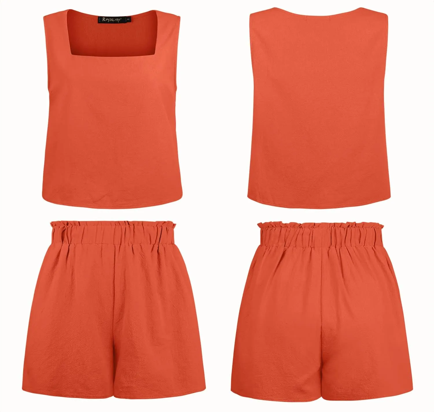ROYLAMP 2024 Women's Summer 2 Piece Outfits Sleeveless Square Neck Crop Tops High Waisted Shorts Set Romper with Pockets