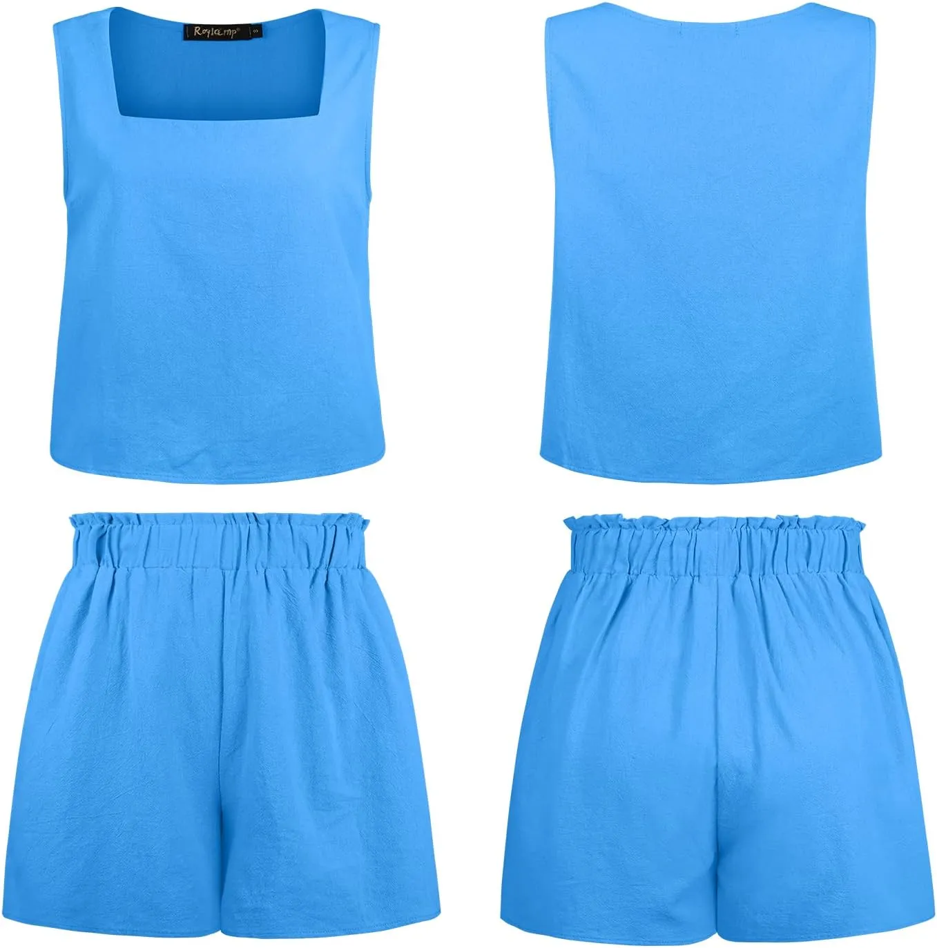 ROYLAMP 2024 Women's Summer 2 Piece Outfits Sleeveless Square Neck Crop Tops High Waisted Shorts Set Romper with Pockets