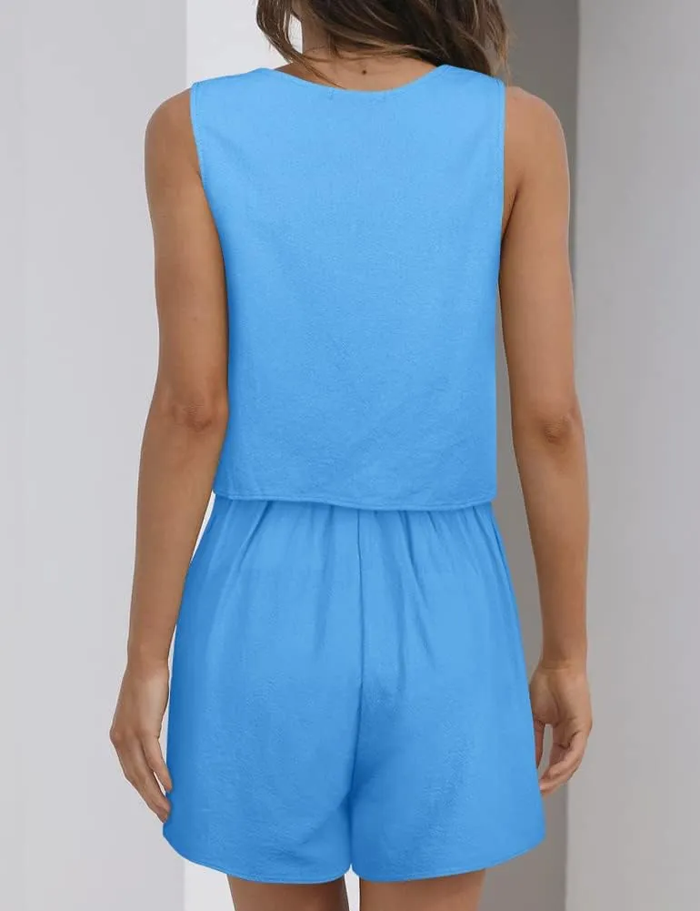 ROYLAMP 2024 Women's Summer 2 Piece Outfits Sleeveless Square Neck Crop Tops High Waisted Shorts Set Romper with Pockets