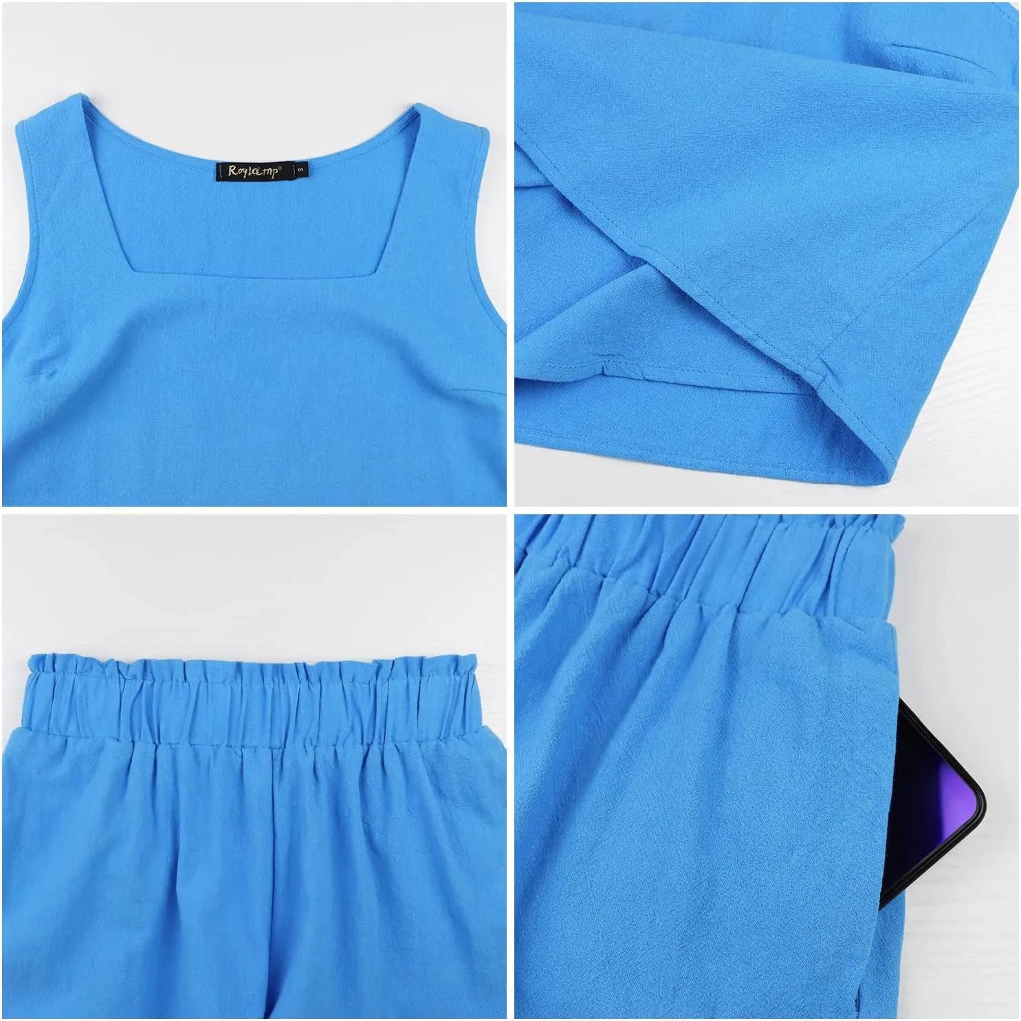 ROYLAMP 2024 Women's Summer 2 Piece Outfits Sleeveless Square Neck Crop Tops High Waisted Shorts Set Romper with Pockets