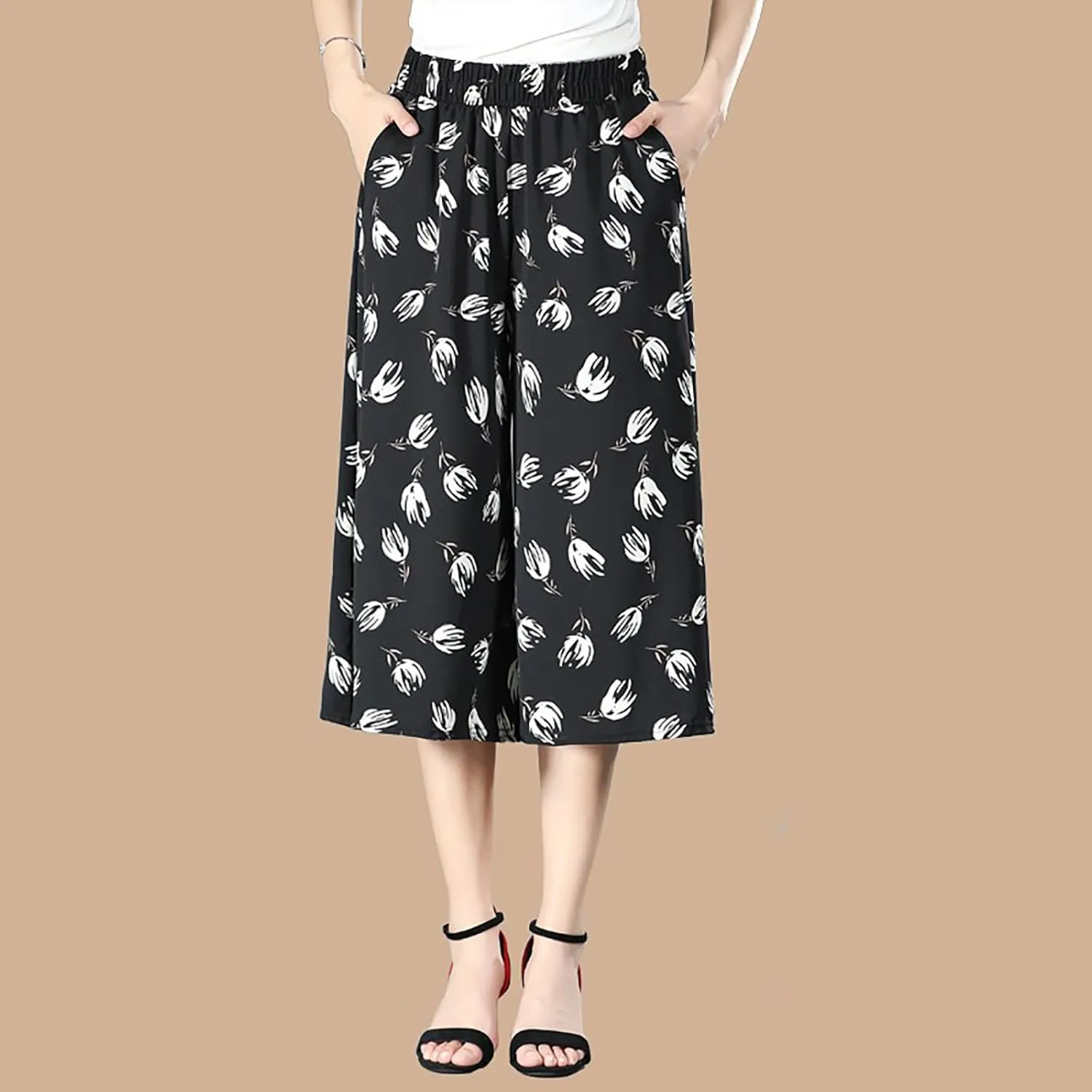 Rsvelte Culottes, Women's High Waist Pleated Chiffon Wide Leg Capri Pants Culottes Pants Skirt for Women