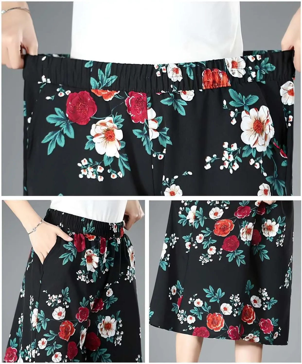 Rsvelte Culottes, Women's High Waist Pleated Chiffon Wide Leg Capri Pants Culottes Pants Skirt for Women
