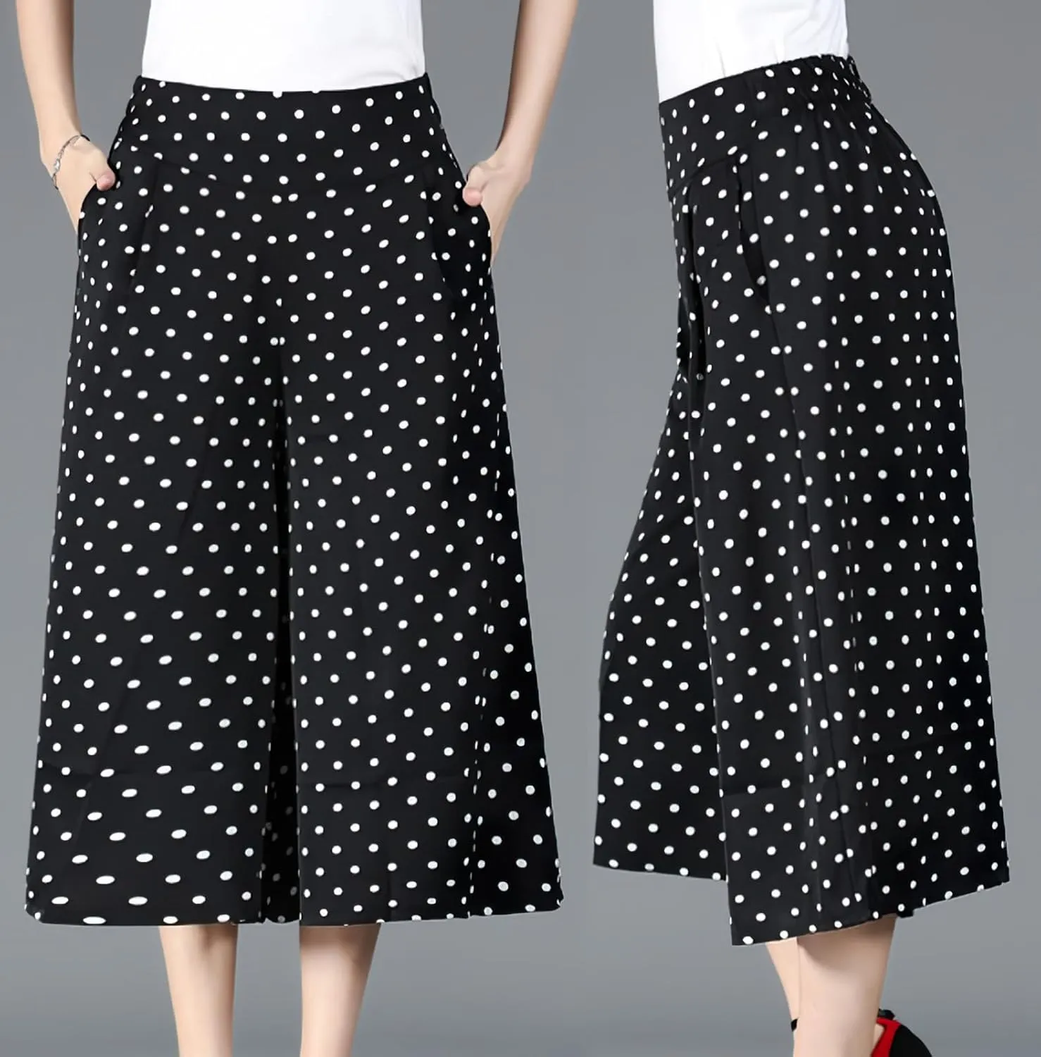 Rsvelte Culottes, Women's High Waist Pleated Chiffon Wide Leg Capri Pants Culottes Pants Skirt for Women