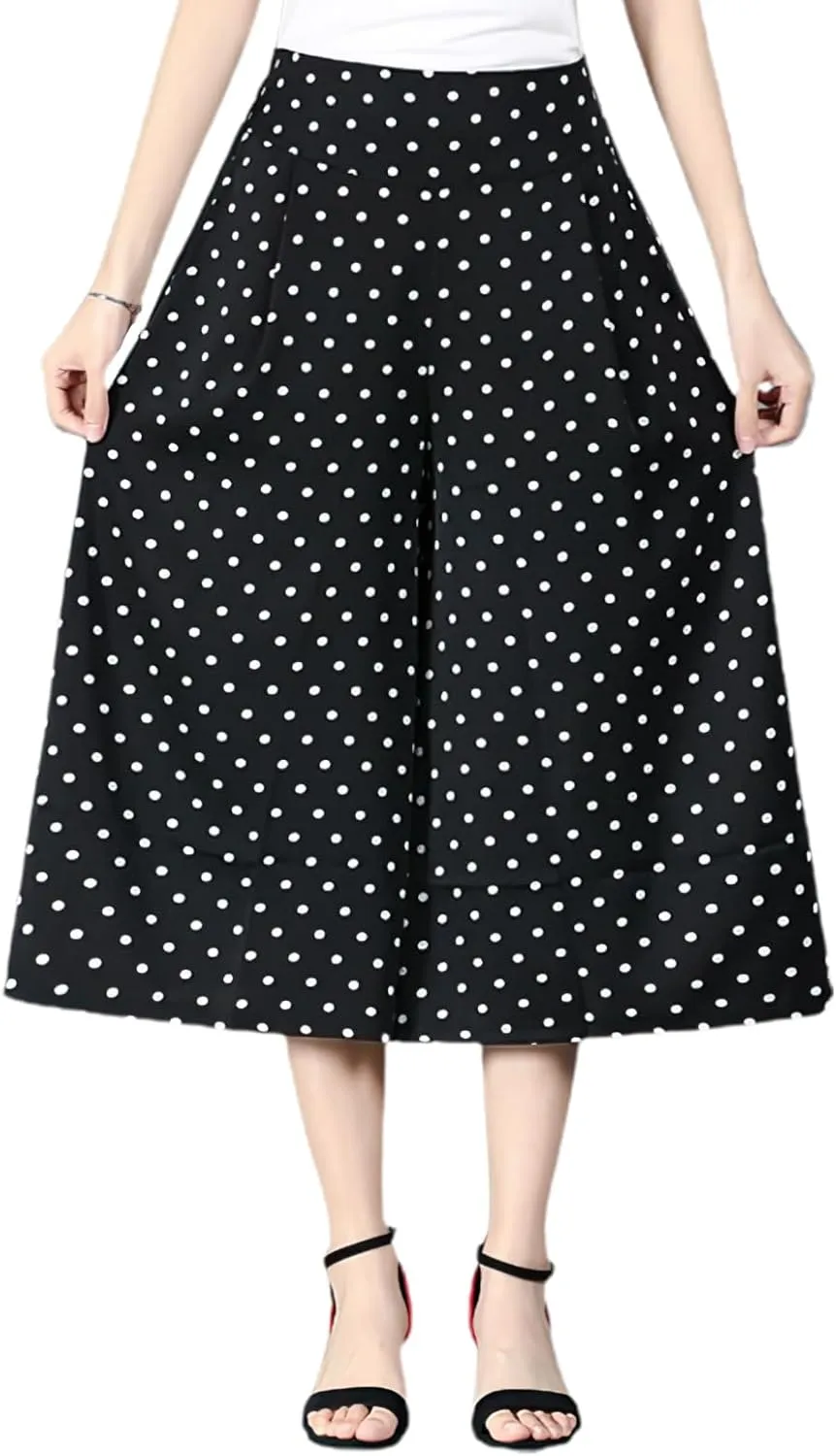 Rsvelte Culottes, Women's High Waist Pleated Chiffon Wide Leg Capri Pants Culottes Pants Skirt for Women