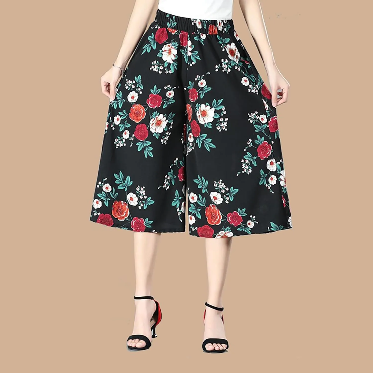 Rsvelte Culottes, Women's High Waist Pleated Chiffon Wide Leg Capri Pants Culottes Pants Skirt for Women