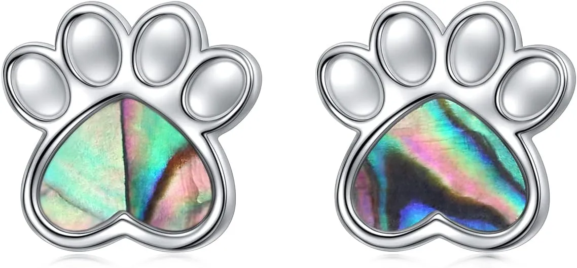 S925 Sterling Silver Jewelry Puppy Dog Cat Pet Paw Print Abalone Shell Stud Earrings Gifts for Women