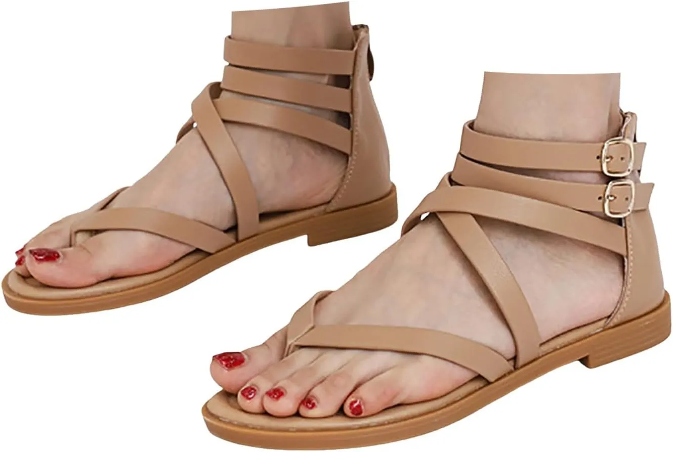 Sandals For Women 2025 Dressy Black Zipper Strappy Sandal Ankle Buckle Gladiator Flat Shoes Summer Dress Flats