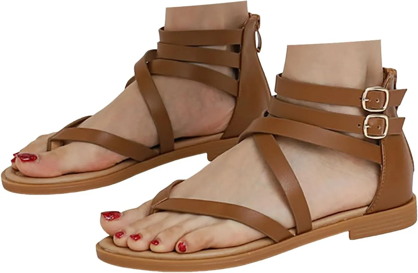 Sandals For Women 2025 Dressy Black Zipper Strappy Sandal Ankle Buckle Gladiator Flat Shoes Summer Dress Flats