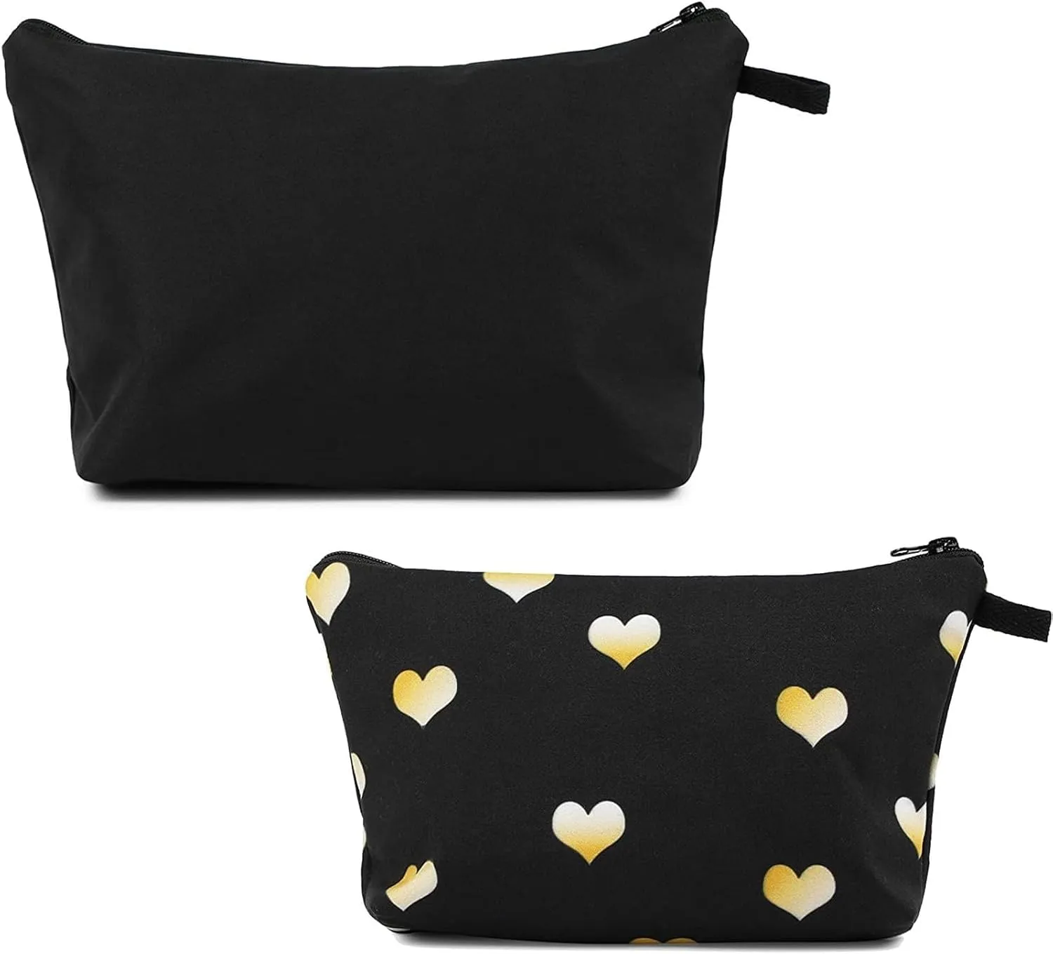 Set of 2 Hearts Makeup Travel Bags for Women Girls, Small Cute Cosmetic Storage Pouch, Toiletry Organizer, Black, 2 Sizes