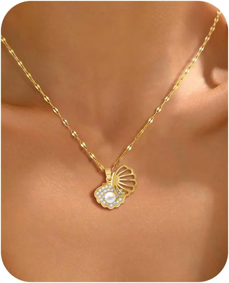 Shell Necklace for Women,14k Gold Plated Layered Starfish Conch SeaShell Pearl Pendant Charm Necklace,Non Tarnish Adjustable Stainless Steel Chain Stack Jewelry for Summer Beach Vacation