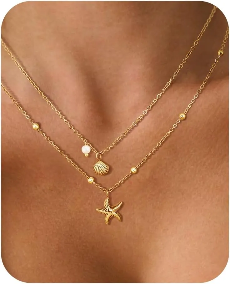 Shell Necklace for Women,14k Gold Plated Layered Starfish Conch SeaShell Pearl Pendant Charm Necklace,Non Tarnish Adjustable Stainless Steel Chain Stack Jewelry for Summer Beach Vacation