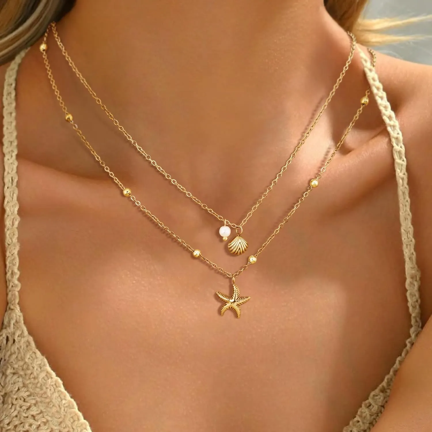 Shell Necklace for Women,14k Gold Plated Layered Starfish Conch SeaShell Pearl Pendant Charm Necklace,Non Tarnish Adjustable Stainless Steel Chain Stack Jewelry for Summer Beach Vacation