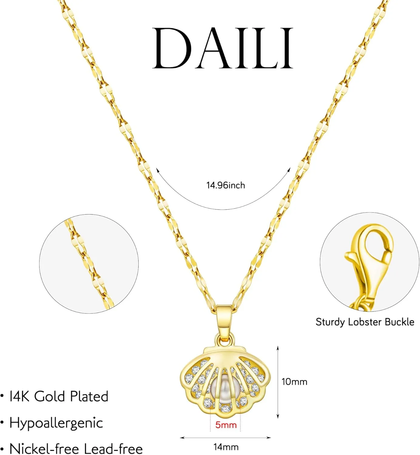 Shell Necklace for Women,14k Gold Plated Layered Starfish Conch SeaShell Pearl Pendant Charm Necklace,Non Tarnish Adjustable Stainless Steel Chain Stack Jewelry for Summer Beach Vacation