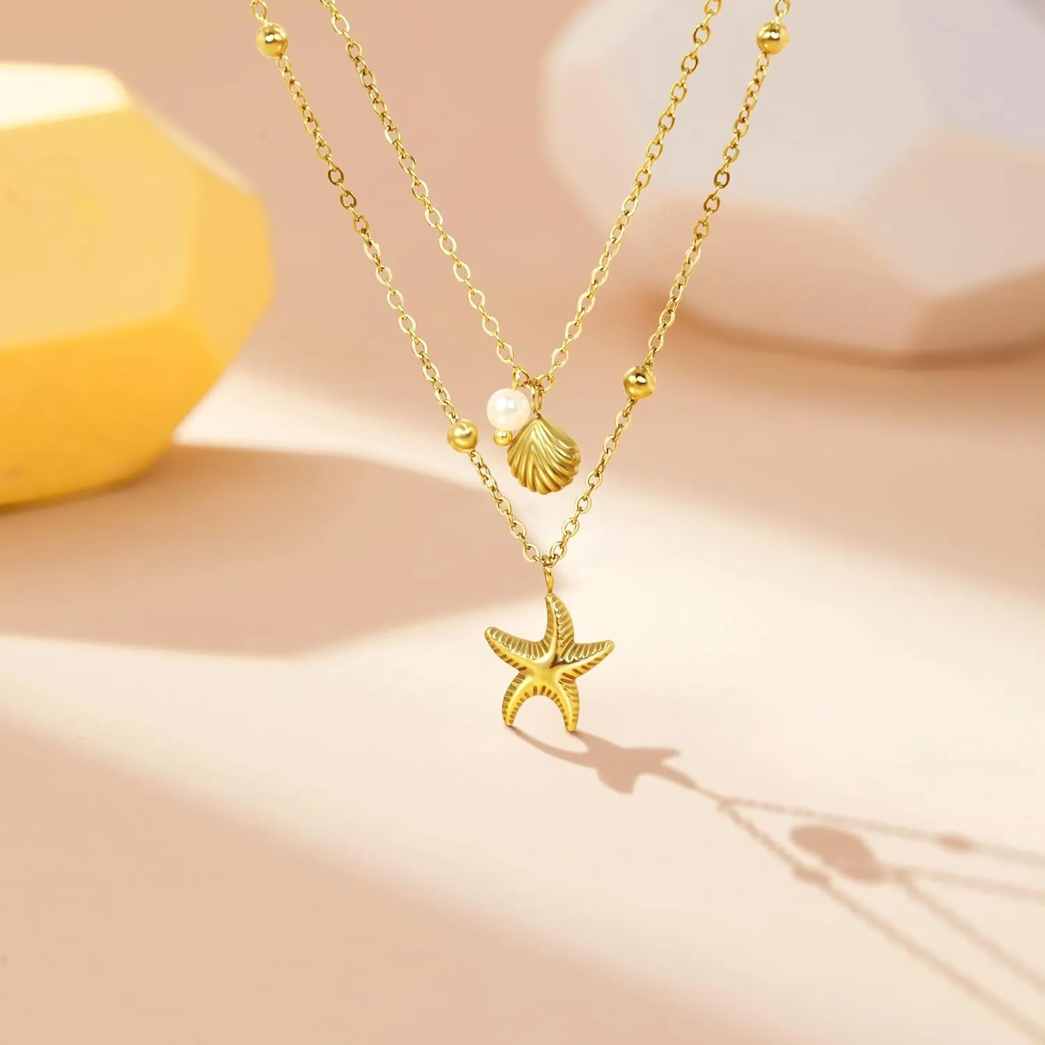 Shell Necklace for Women,14k Gold Plated Layered Starfish Conch SeaShell Pearl Pendant Charm Necklace,Non Tarnish Adjustable Stainless Steel Chain Stack Jewelry for Summer Beach Vacation