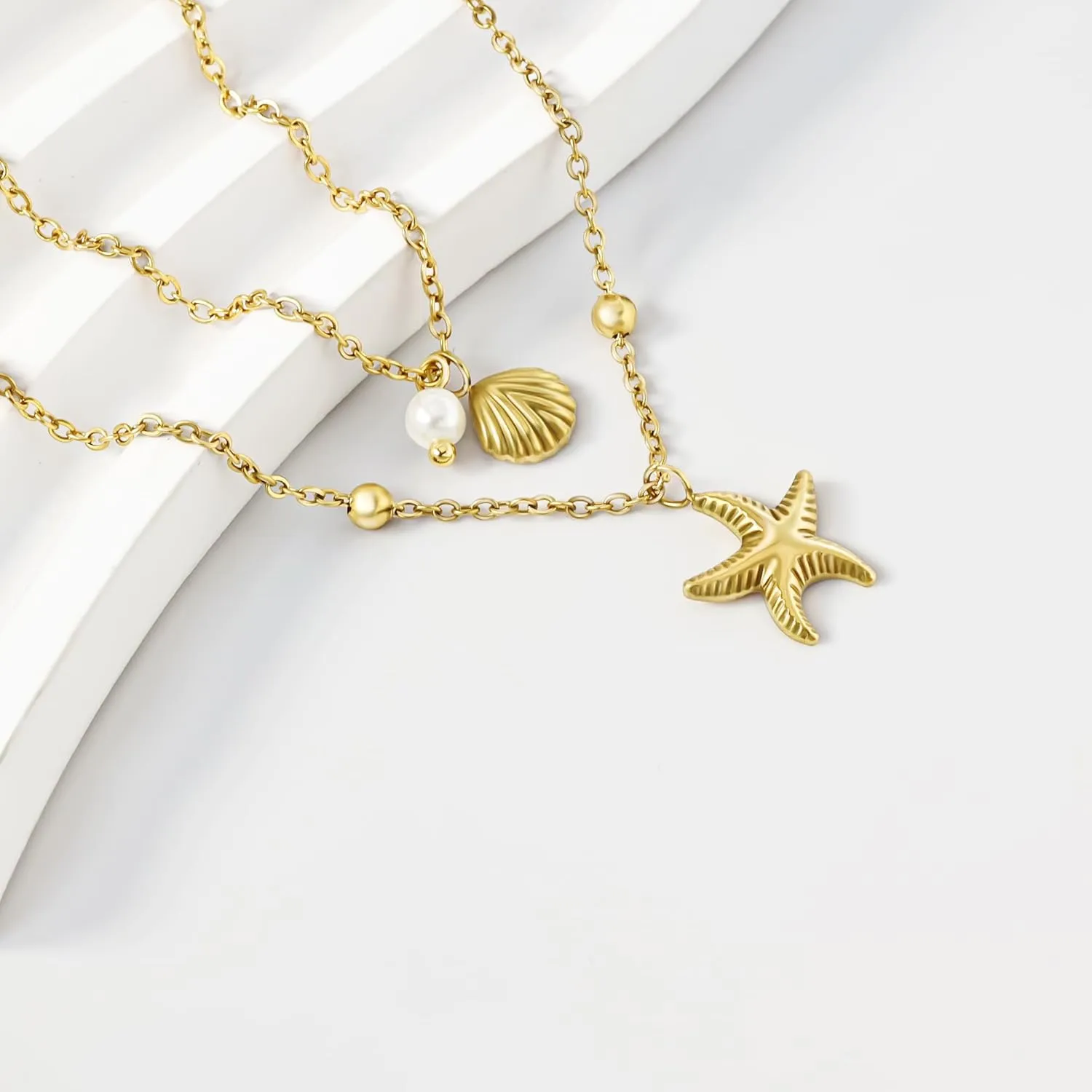 Shell Necklace for Women,14k Gold Plated Layered Starfish Conch SeaShell Pearl Pendant Charm Necklace,Non Tarnish Adjustable Stainless Steel Chain Stack Jewelry for Summer Beach Vacation