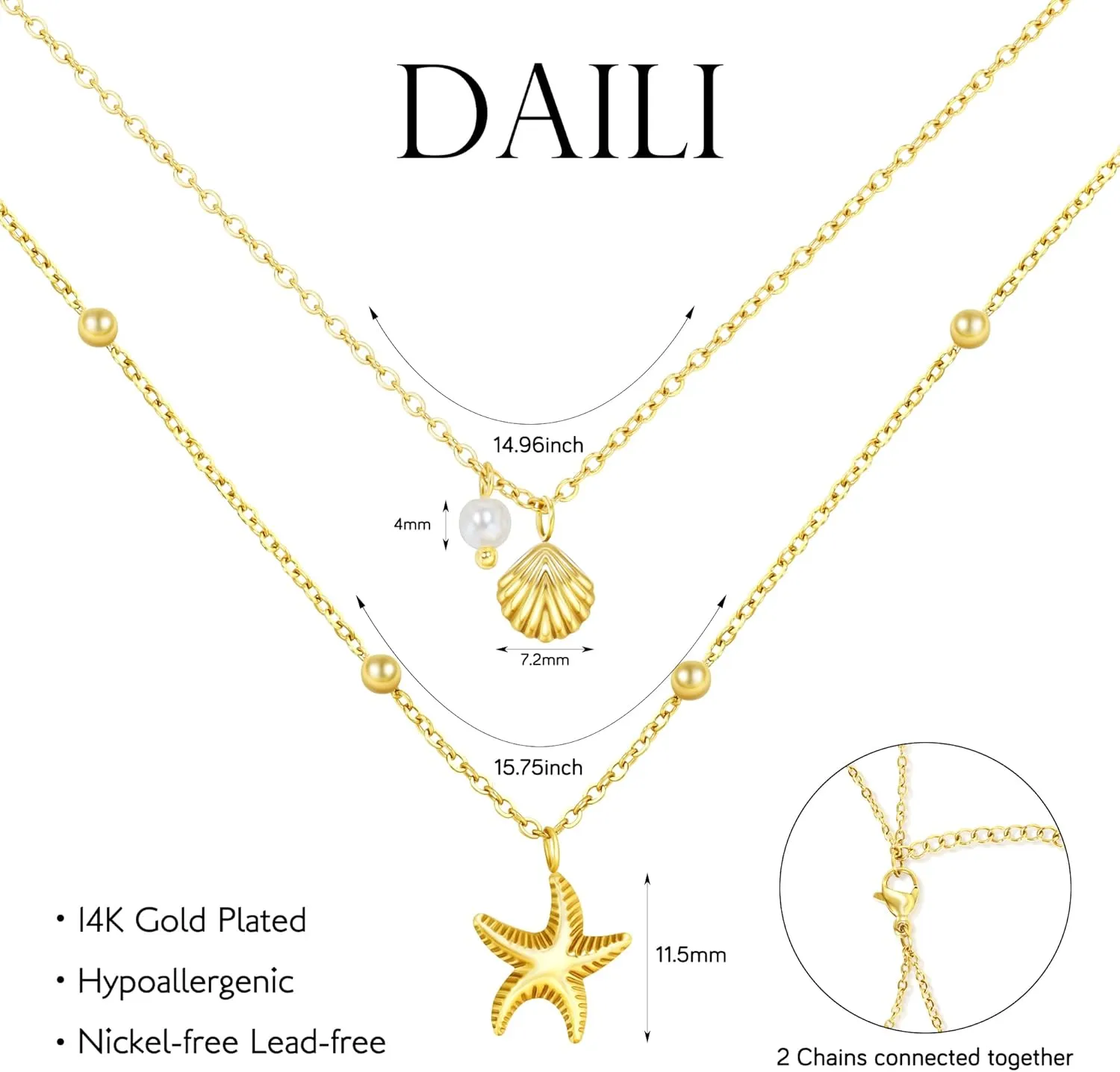 Shell Necklace for Women,14k Gold Plated Layered Starfish Conch SeaShell Pearl Pendant Charm Necklace,Non Tarnish Adjustable Stainless Steel Chain Stack Jewelry for Summer Beach Vacation