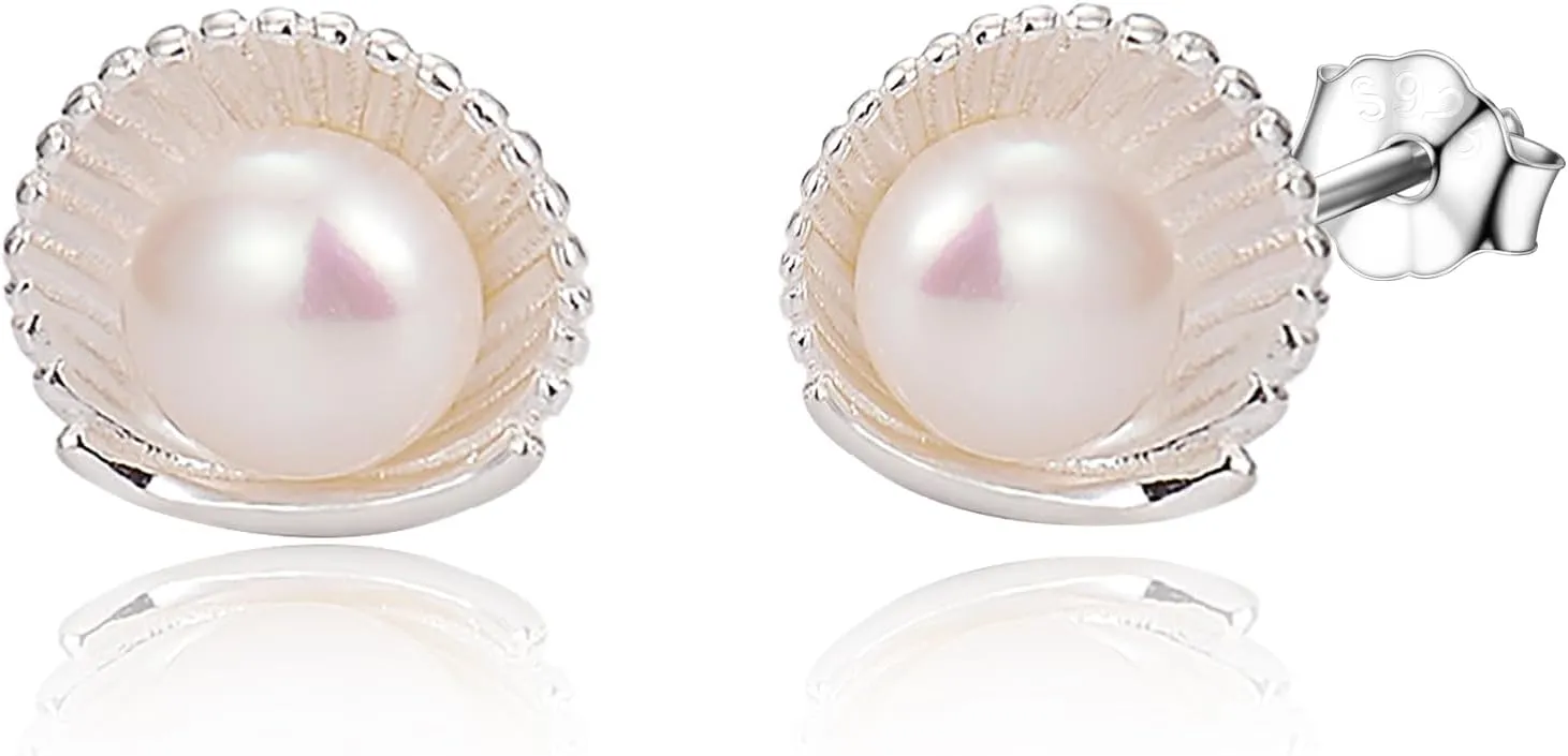Shell Pearl Stud Earrings for Women Silver Plated Imitation Pearls Minimalist Small Cute Hypoallergenic Beach Cartilage Earring Birthday Party Jewelry Gifts