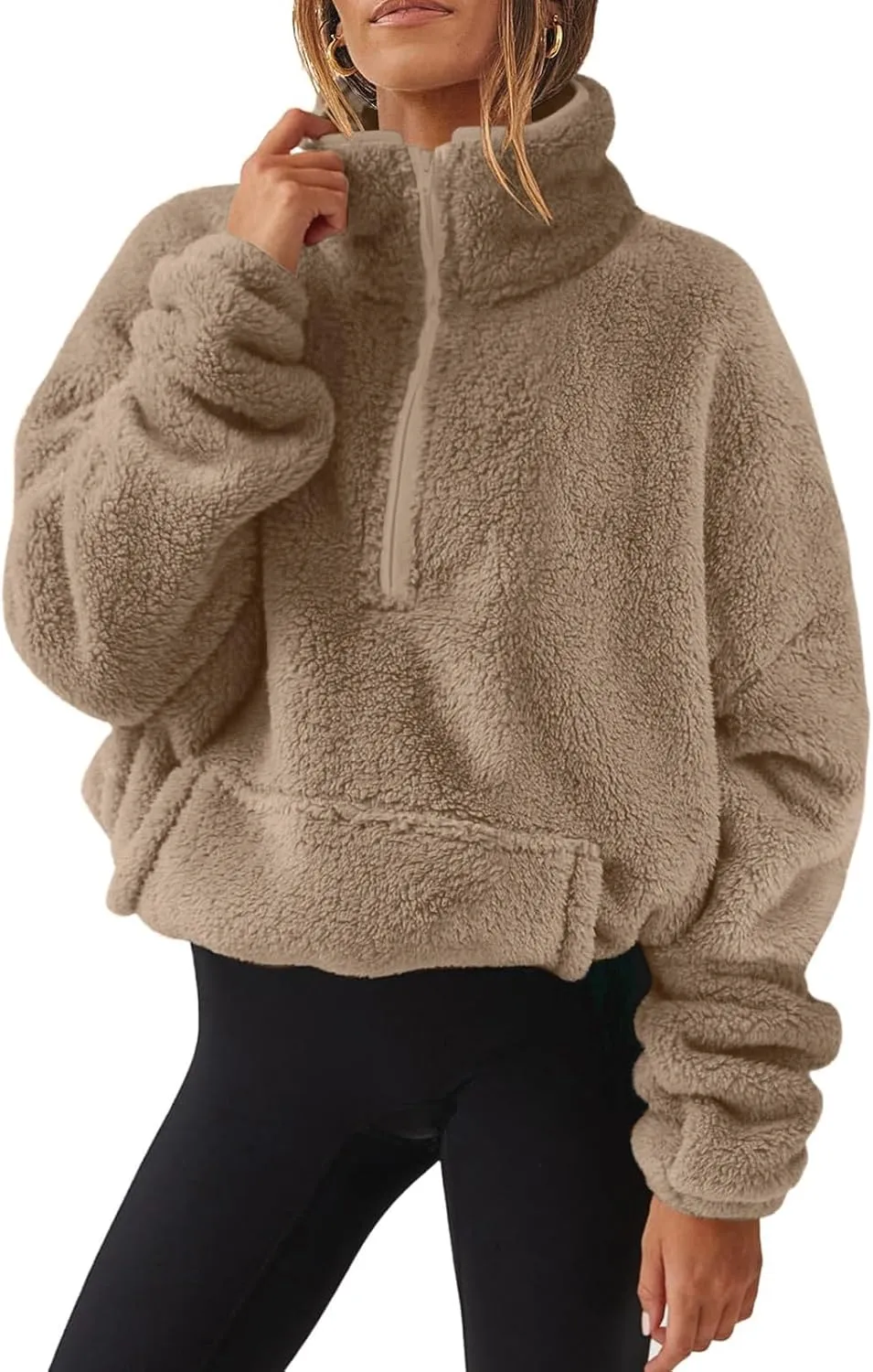 Sherpa Half Zip Pullover Women Oversized Quarter Zip Cropped Sweatshirt Fuzzy Fleece Lined Zip Up Hoodie with Pockets