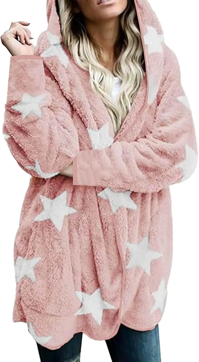 Sherpa Jacket Women Fuzzy Fleece Open Front Hooded Cardigan Cute Star Graphic Hoodie Fluffy Warm Winter Coats Outwear