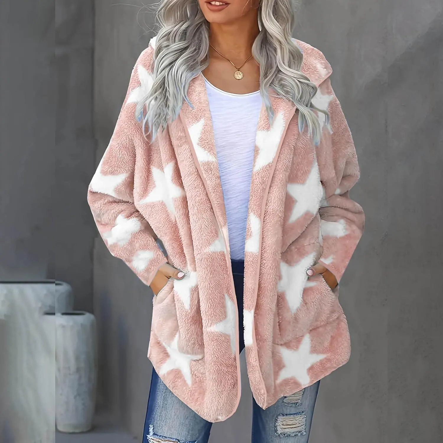 Sherpa Jacket Women Fuzzy Fleece Open Front Hooded Cardigan Cute Star Graphic Hoodie Fluffy Warm Winter Coats Outwear