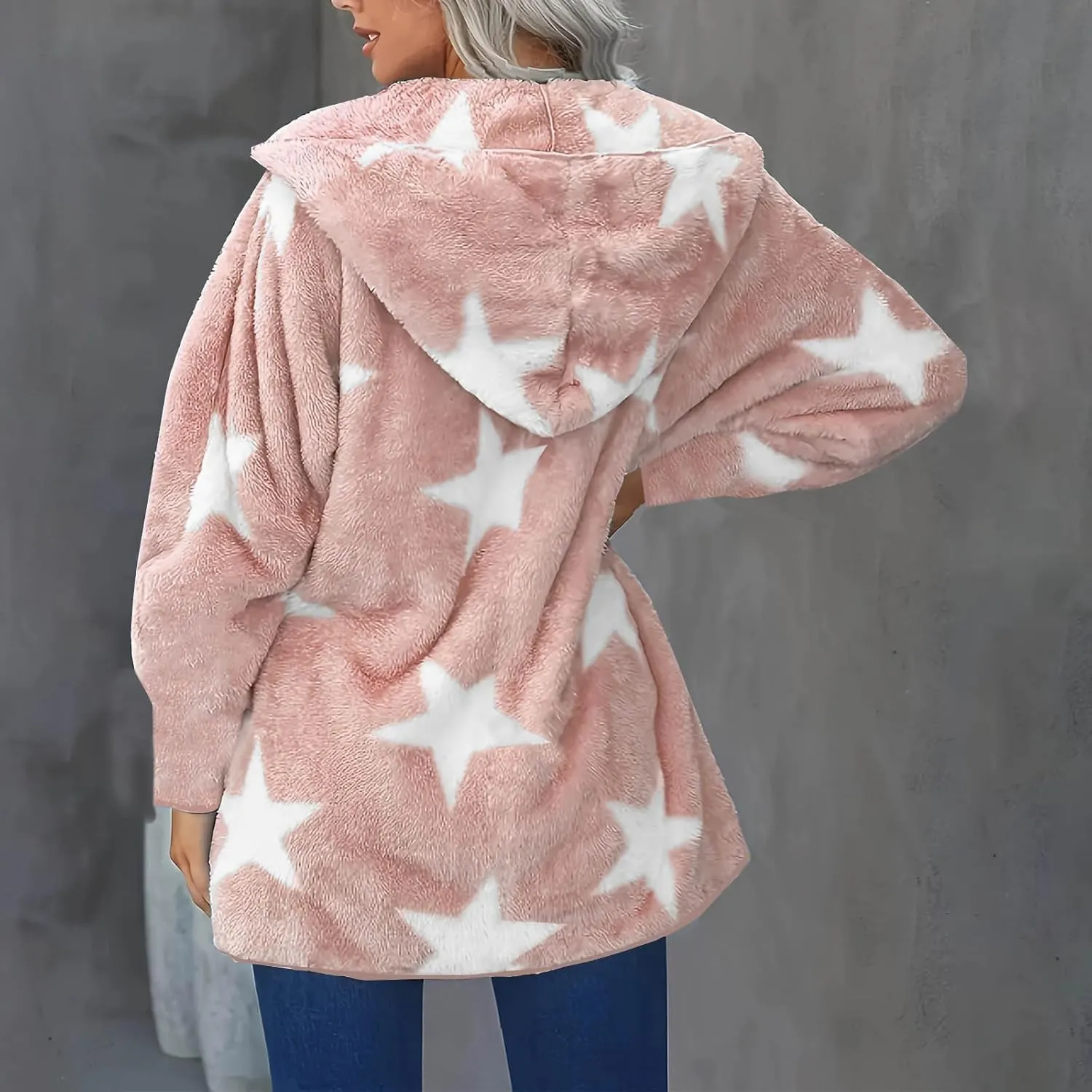 Sherpa Jacket Women Fuzzy Fleece Open Front Hooded Cardigan Cute Star Graphic Hoodie Fluffy Warm Winter Coats Outwear