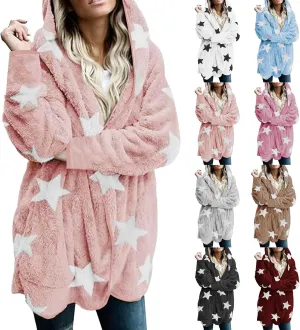 Sherpa Jacket Women Fuzzy Fleece Open Front Hooded Cardigan Cute Star Graphic Hoodie Fluffy Warm Winter Coats Outwear