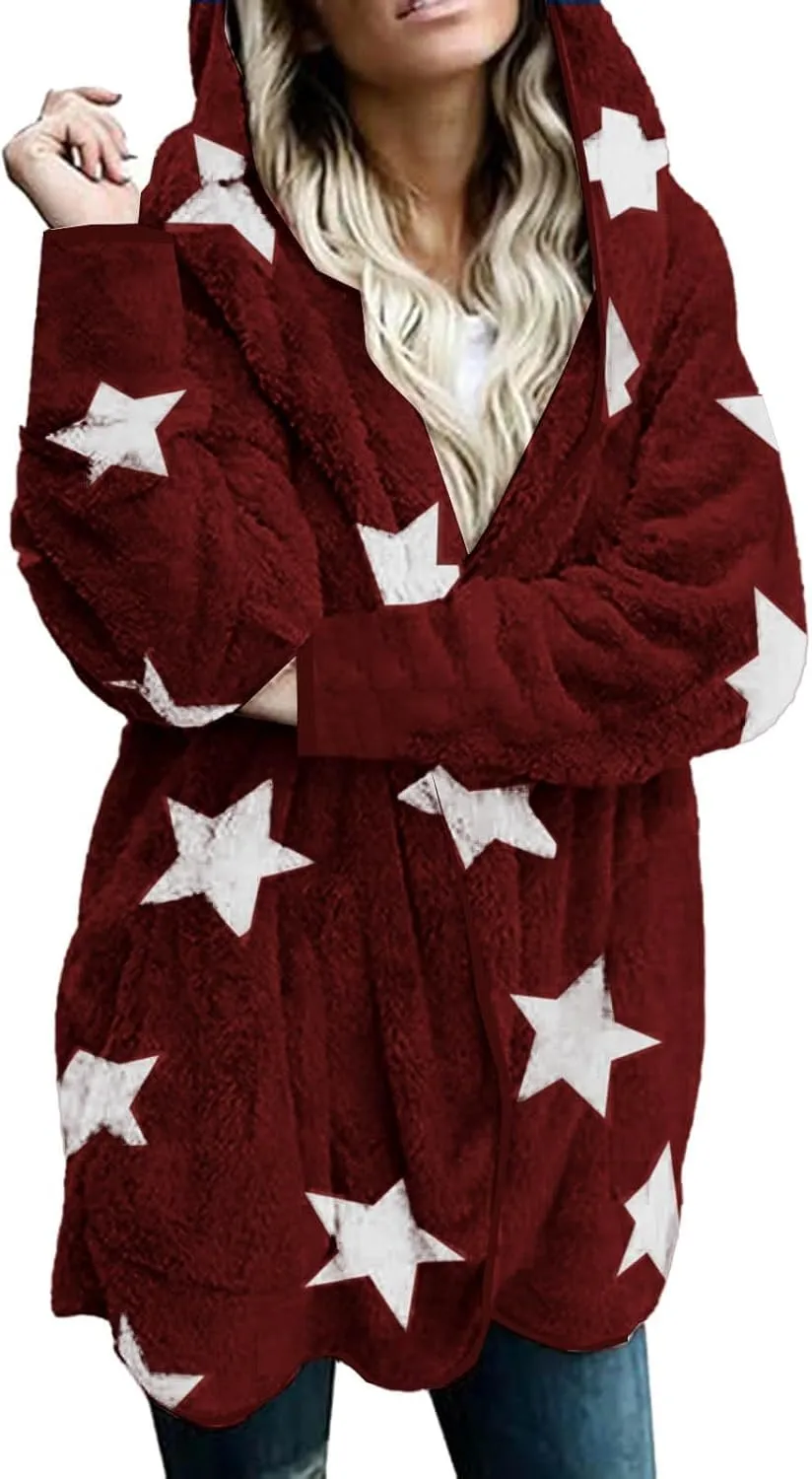 Sherpa Jacket Women Fuzzy Fleece Open Front Hooded Cardigan Cute Star Graphic Hoodie Fluffy Warm Winter Coats Outwear