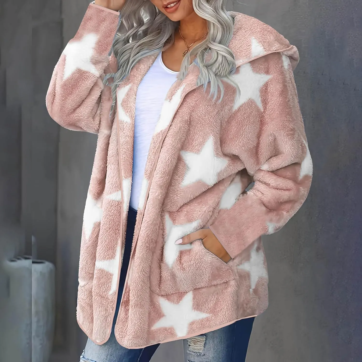Sherpa Jacket Women Fuzzy Fleece Open Front Hooded Cardigan Cute Star Graphic Hoodie Fluffy Warm Winter Coats Outwear