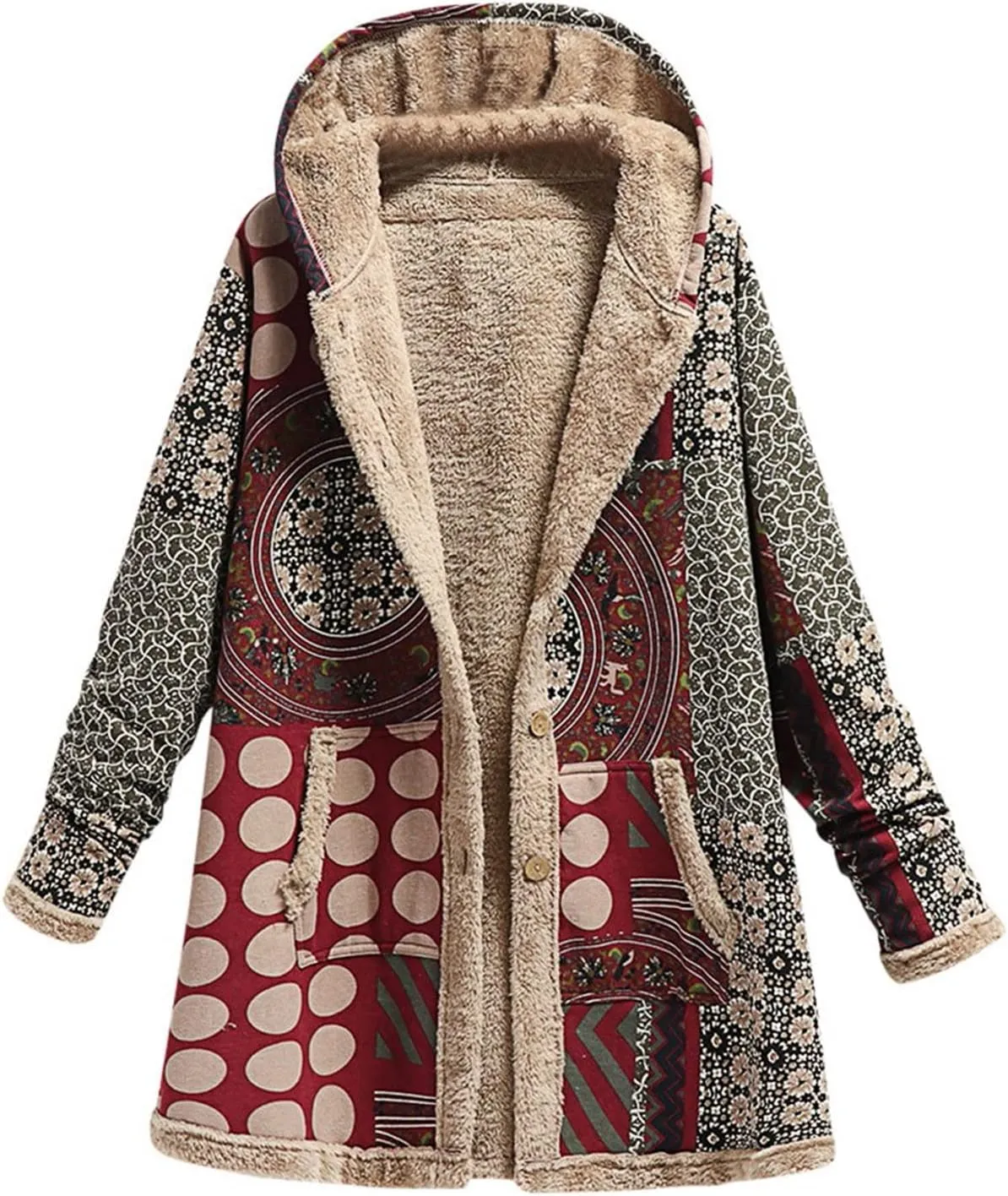 Sherpa Lined Jacket for Women Thick Long Sleeve Warm Winter Coats Vintage Western Print Fleece Outwear Hoodie